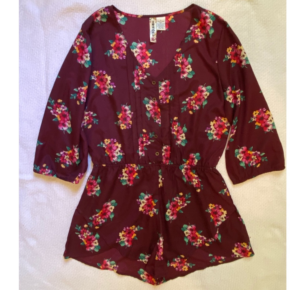 Maroon Long Sleeve Floral Romper